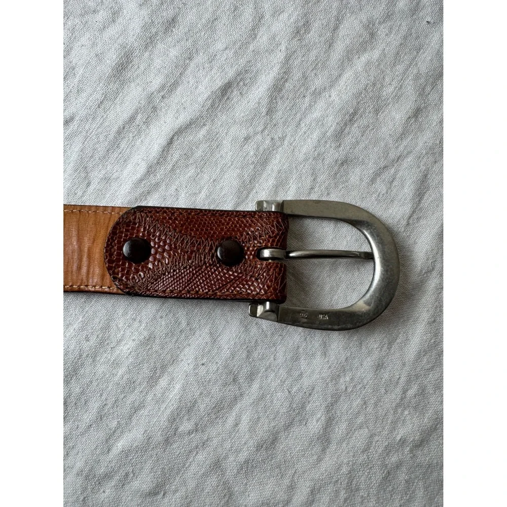 Dan Post Mens Lizard Skin Western Belt Cognac Brown Horseshoe Buckle Sz 38